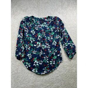 Adrienne Vittadini Blouse Womens Small Floral 3/4 Sleeve Button Up Dressy Top